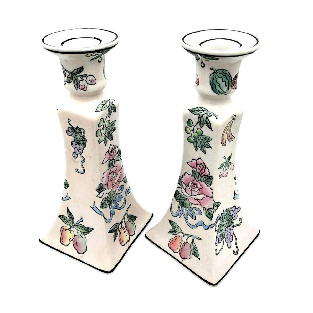 Taper Candle Holders Chinoiserie Hand Painted Vintage Floral Pastel Pair 8.3 In